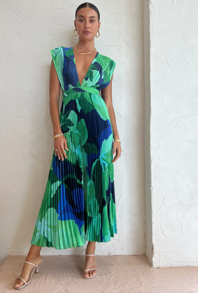 Robe Evangelina Plissée en Tons Bleus